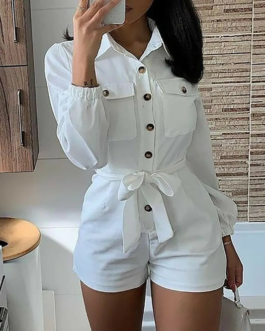 Buttoned Pocket Design Long Sleeve Rompers Women Playsuits