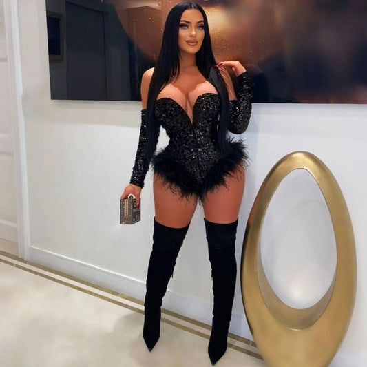 Y2k Bodysuit Party Glitter Rough Diamond Sequin Rompers Women Sexy Off Shoulder Feather Bead Flake Jumpsuit Nightclub Outfits